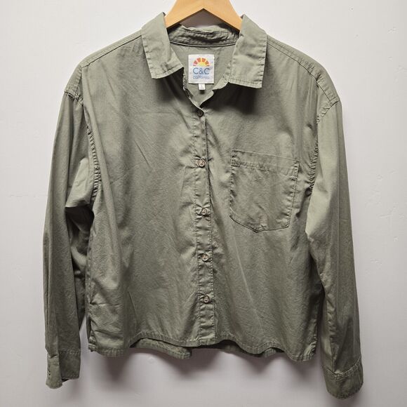 C&C California Womens Safari Shirt Army Green Button Front LS sz Lg 100% Cotton - Picture 1 of 6